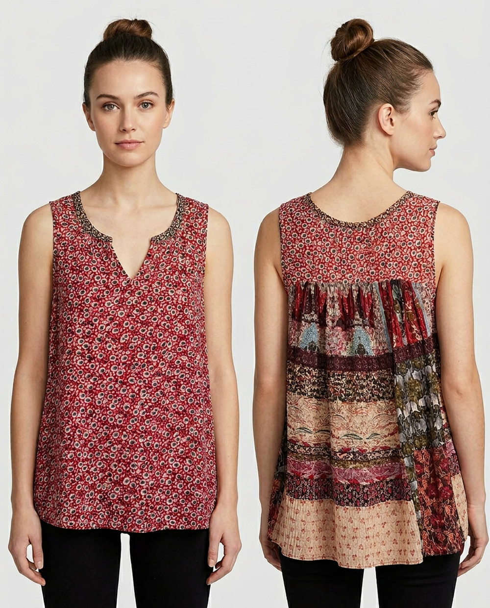 One September Anthropologie Tank Top L Red Blue Patchwork Rayon Boho Resort